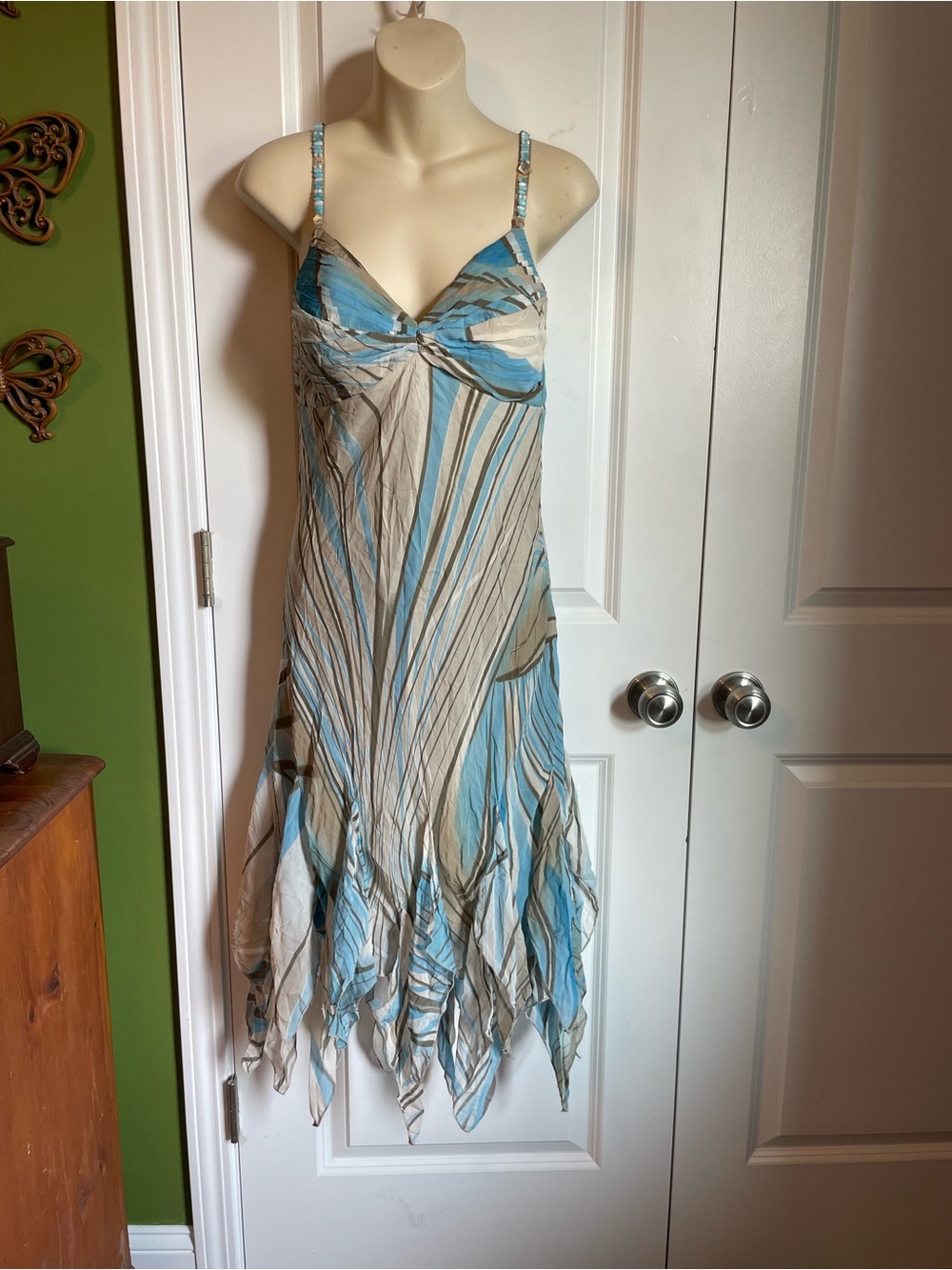 Sangria handkerchief hem midi dress Silk Watercolor 10P Y2K Beaded Strap